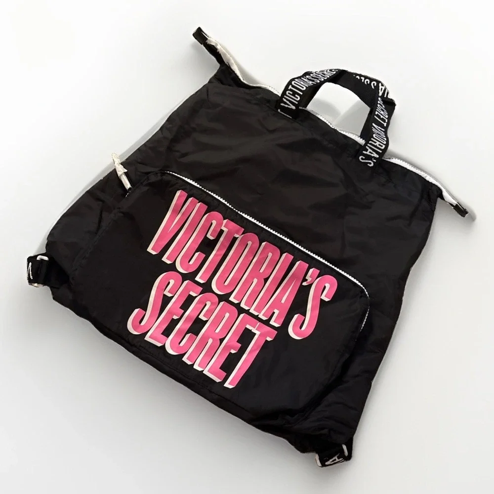 NWT Pink Victoria's Secret Nylon Bags Packable Backpack  Clutch Tote Bag Black